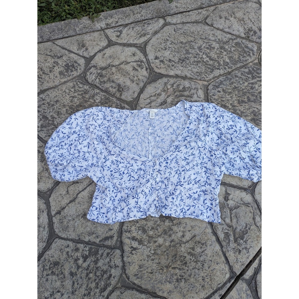 H&M Linen Blend Blue White Cropped V-Neck‎ Blouse Puff Sleeve Size XXL